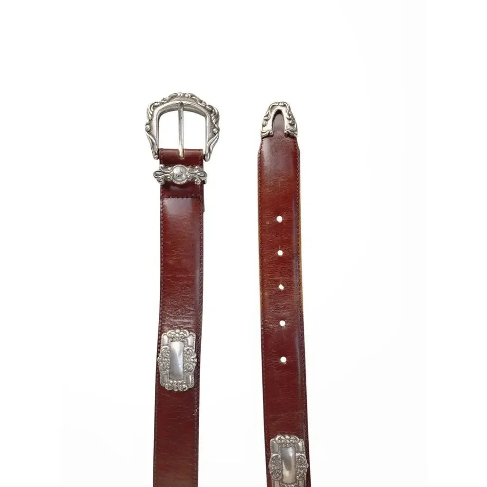 Vintage Fossil Cognac Leather Concho Belt Western Silver Floral Buckle Y2K Ranch